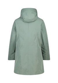 Mintgroene waterdichte jas met een capuchon, met een ontspannen pasvorm, lange mouwen en een gladde textuur. Eenvoudig ontwerp zonder zichtbare hardware.