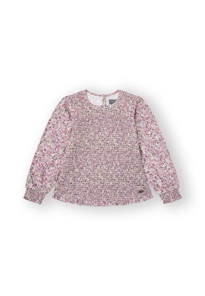 Blusa de flores de manga larga en color rosa con parte delantera y puños fruncidos, escote redondo y cierre de botón en la parte posterior.