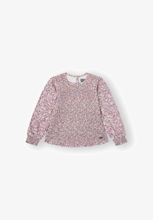 Blusa de flores de manga larga en color rosa con parte delantera y puños fruncidos, escote redondo y cierre de botón en la parte posterior.