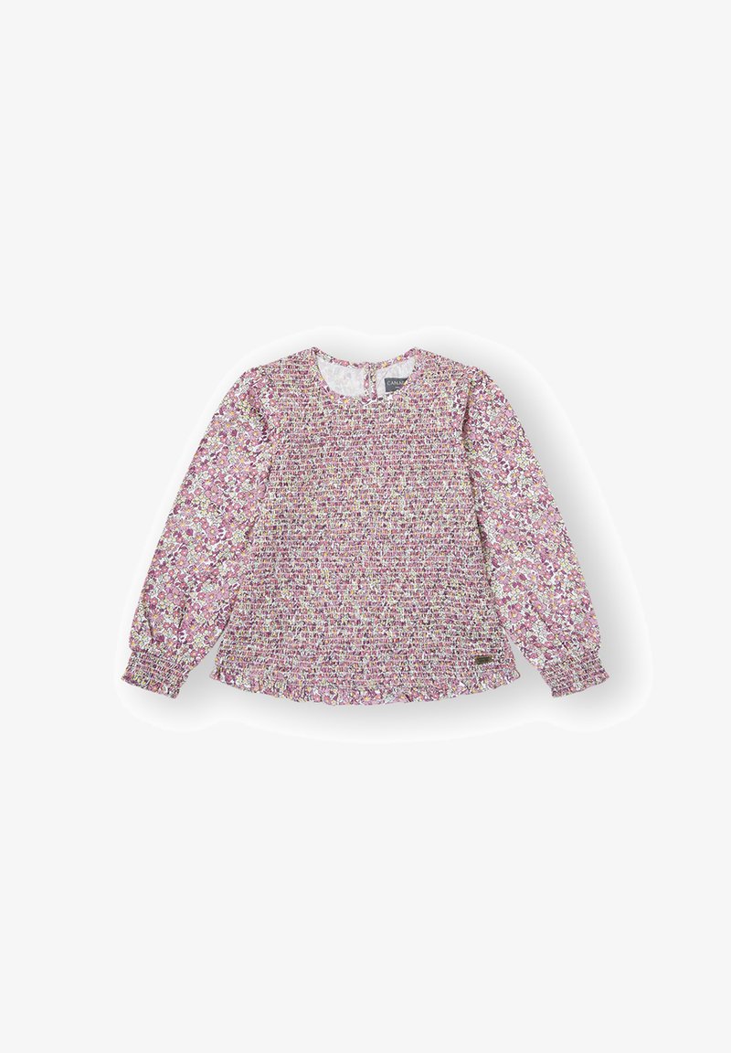 Blusa de flores de manga larga en color rosa con parte delantera y puños fruncidos, escote redondo y cierre de botón en la parte posterior.