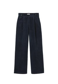 Pantalons en velours côtelé bleu marine avec jambes larges, deux poches avant et une taille haute avec fermeture à bouton. Texture verticale à nervures distinctives.
