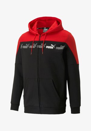 Puma zip-up hættetrøje med et rødt og sort farveskema. Har hætte, frontlommer og gentagen logo-print langs brystområdet.