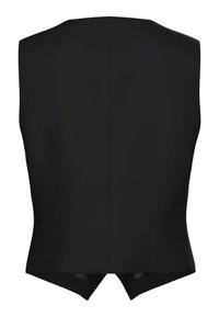 Schwarze ärmellose Weste mit tailliertem Schnitt, glattem Stoff, sauberen Nähten und einem belüfteten Saumdetail hinten für mehr Bewegungsfreiheit.