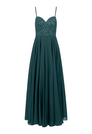 Abito da sera teal con un busto aderente e impreziosito da intricate perline, accompagnato da una gonna fluente e plissettata con spalline regolabili.