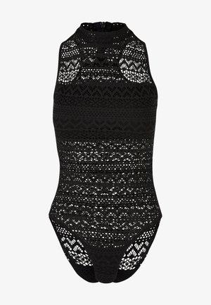 Bañador de encaje negro con cuello alto y diseño sin mangas. Presenta patrones intrincados y detalles recortados en todo su diseño. Tejido elástico.