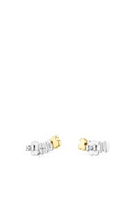 Orecchini in argento e oro con un design a nuvola a strati, caratterizzati da superfici lucidate e texture morbide, che mettono in evidenza dettagli in metallo misto.