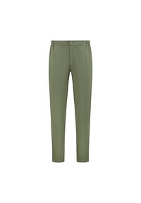 Olive green trousers with a slim design, featuring an elastic waistband, front button closure, and smooth fabric texture.