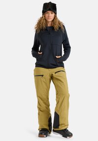 Sport jacket in navy with a textured finish and zip pockets; paired with yellow snow pants featuring black accents and zippered thighs.