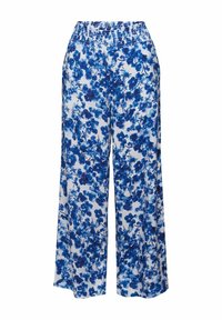 Blå blommiga vida byxor i lättviktig tyg, med en smockad midja och ett mönster av olika blå blomnyanser på en vit bakgrund.