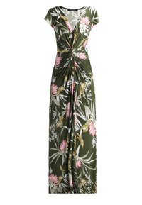 Abito lungo a fiori realizzato in tessuto verde, con motivi di fiori rosa e bianchi, maniche a cappuccio e dettaglio frontale attorcigliato.