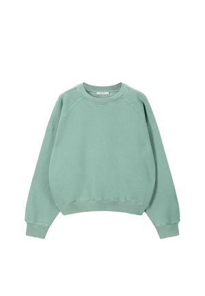 Sweat-shirt vert menthe à col rond avec manches longues raglan et poignets et ourlet côtelés, présenté à plat sur un fond blanc.