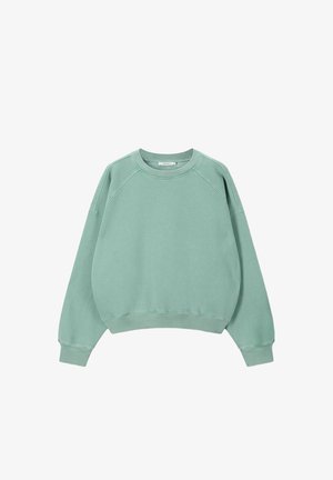 Sweat-shirt vert menthe à col rond avec manches longues raglan et poignets et ourlet côtelés, présenté à plat sur un fond blanc.