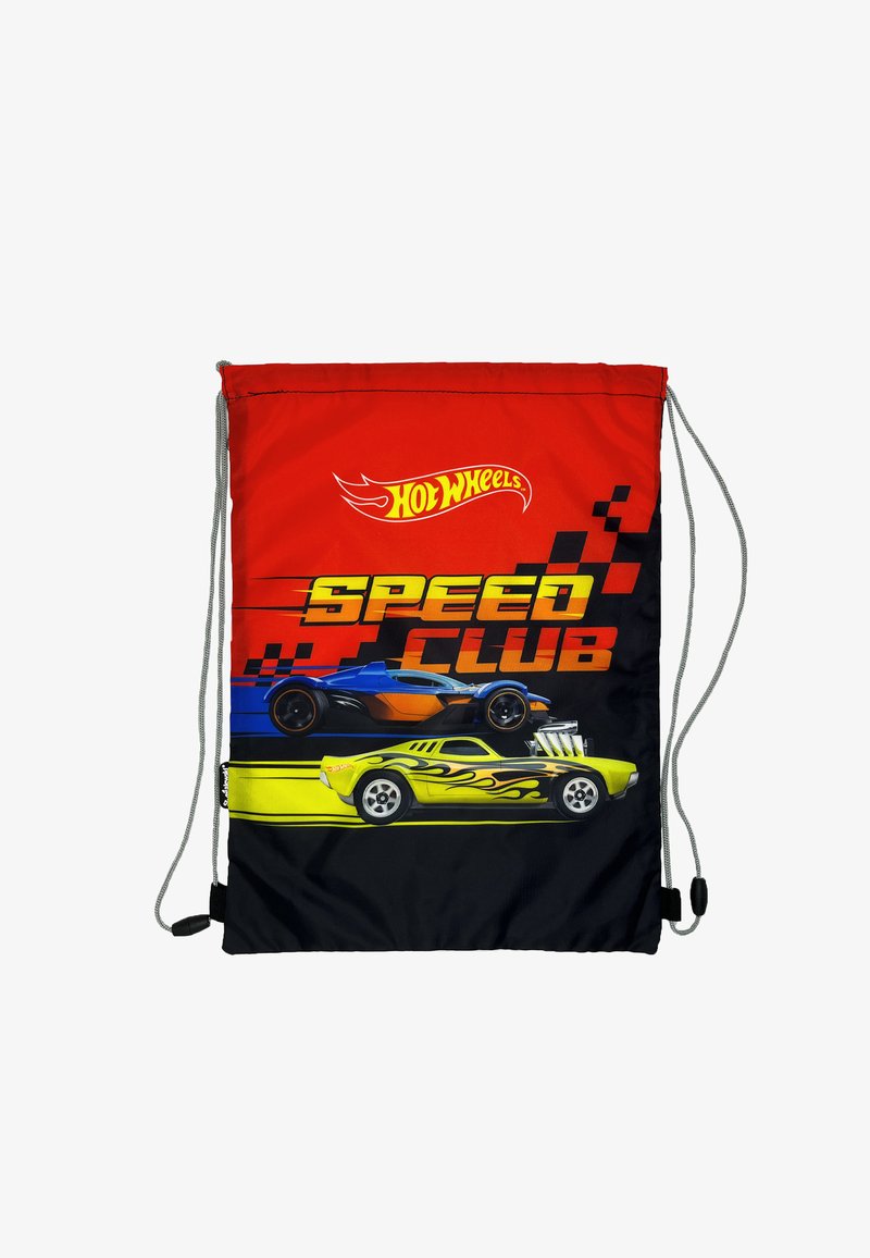 Drawstring bag featuring a red and black design, "SPEED CLUB" text, and illustrations of two colorful toy cars on the lower half.