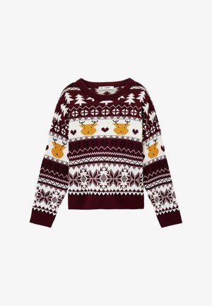 Roter und weißer gestrickter Pullover mit Rentier- und Schneeflockenmuster, versehen mit einem gestrickten Rundhalsausschnitt sowie gerippten Bündchen und Saum.