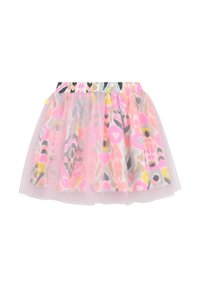 Gonna in tulle con elastico in vita, caratterizzata da un motivo colorato di forme rosa, gialle, grigie e nere, con un design a strati e leggero.