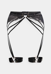 Ζώνη γαμπάσκετη από μαύρη δαντέλα και σατέν με πολλαπλές λουρίδες και χρυσούς κρίκους, σχεδιασμένη για να κρατάει τις κάλτσες.