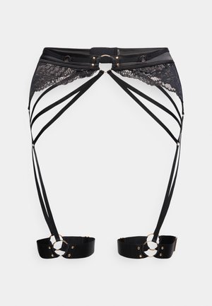 Giarrettiera in pizzo nero e raso con più cinturini e anelli dorati, progettata per sostenere le calze.