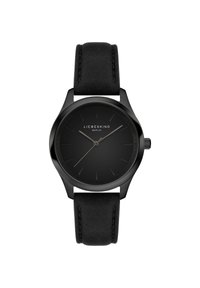 Orologio nero con cassa metallica rotonda e quadrante nero opaco. Presenta un cinturino in pelle nera e indicatori delle ore minimalisti.