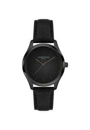 Schwarze Uhr mit einem runden Metallgehäuse und einem glatten, mattschwarzen Zifferblatt. Sie verfügt über ein schwarzes Lederarmband und minimalistische Stundenmarkierungen.
