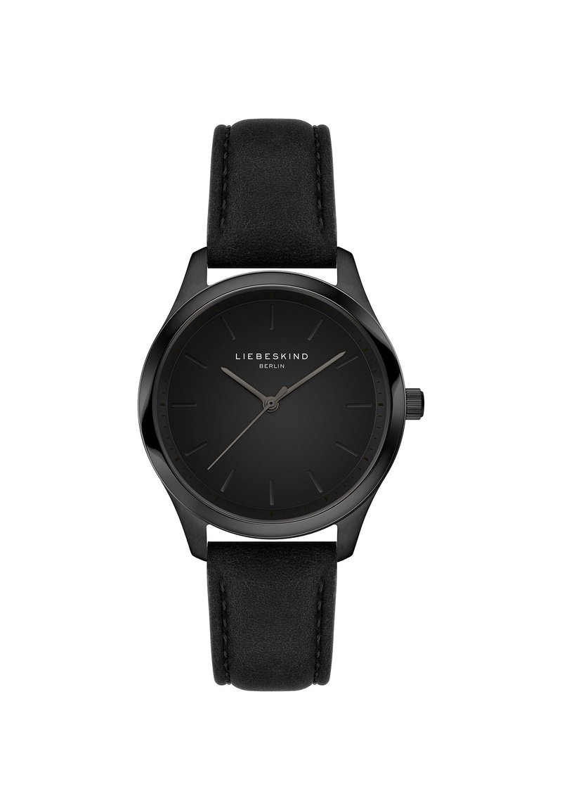 Orologio nero con cassa metallica rotonda e quadrante nero opaco. Presenta un cinturino in pelle nera e indicatori delle ore minimalisti.