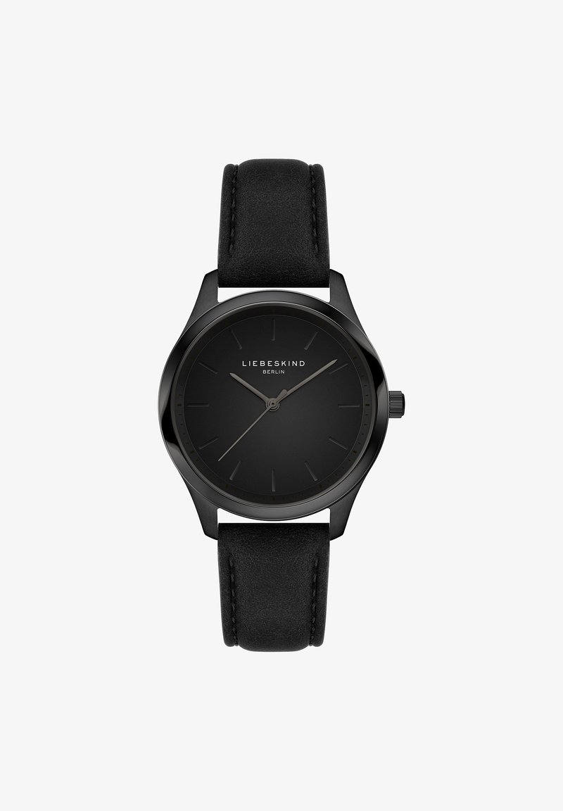 Orologio nero con cassa metallica rotonda e quadrante nero opaco. Presenta un cinturino in pelle nera e indicatori delle ore minimalisti.