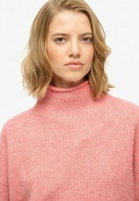 Roze geribbelde breisweater met een hoge opstaande kraag, met een zachte textuur en een relaxte pasvorm. De kleur is een lichte, gedempte roze met subtiele variaties.