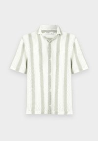 Korte mouwen shirt gemaakt van een lichte, gestructureerde stof met verticale strepen in groen en wit; heeft een kraag en knopen aan de voorkant.