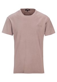T-shirt in cotone rosa chiaro con collo rotondo, maniche corte e un sottile dettaglio logo ricamato sul petto. Tessuto liscio, vestibilità regolare.