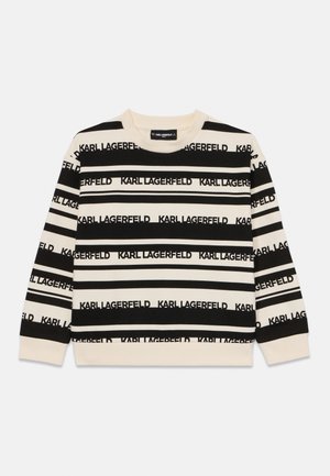 Sweatshirt rayé noir et crème arborant le logo "KARL LAGERFELD" en répétition, col rond et manches longues. Texture de tissu douce.