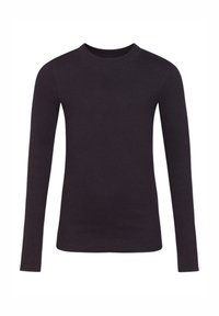 Camiseta negra de manga larga hecha de un tejido acanalado, con cuello redondo y corte ajustado, sin patrones ni detalles visibles.