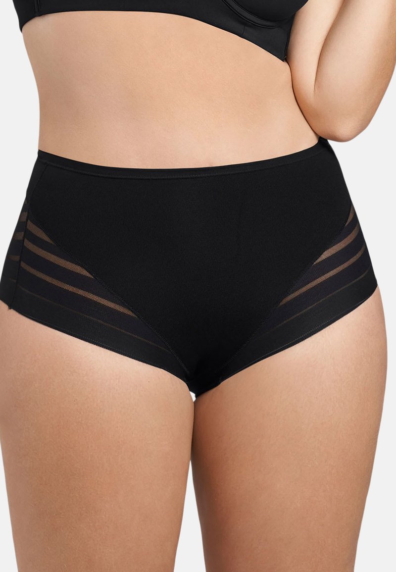 Schwarze, hochgeschnittene Unterwäsche mit transparenten Netzpaneelen und horizontalen Streifen an den Seiten. Glatte Textur, dehnbares Material.