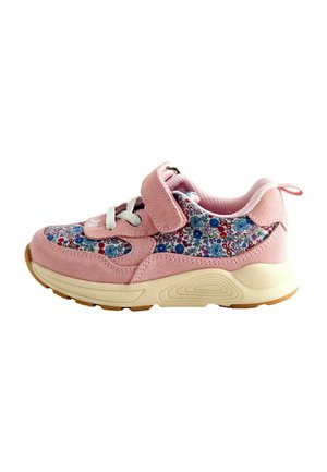 Pink children's sneaker with floral fabric details, white laces, a single Velcro strap, and a thick beige sole with a treaded bottom.