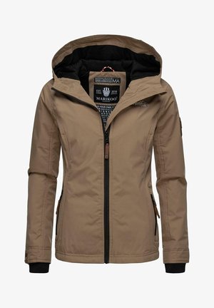 Veste à capuche beige avec doublure intérieure noire, fermeture éclair frontale, poches latérales zippées et étiquette de la marque Marikoo à l'intérieur du col.