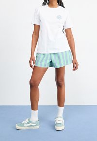 Weißes Baumwoll-T-Shirt mit kleinem Logo, kombiniert mit grün-blau gestreiften Shorts. Die Schuhe sind hellblaue Sneakers mit weißen Akzenten.