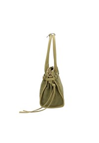 Borsa a tracolla in suede verde oliva con chiusura a coulisse e manici lunghi in pelle liscia. Caratterizzata da un accento a cintura e hardware in tonalità oro.