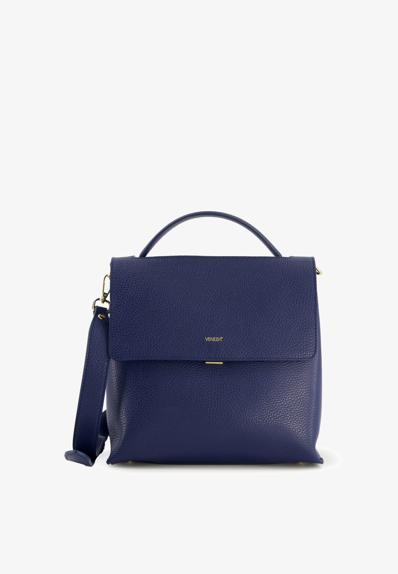 Navy leather handbag with a textured finish, featuring a top handle, adjustable shoulder strap, and gold-tone hardware.