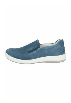 Scarpa slip-on in suede blu con pannelli elastici laterali, suola in gomma bianca, punta rotonda e tomaia texturizzata.