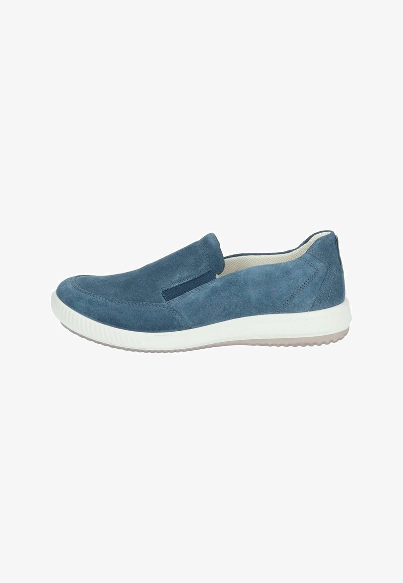 Blaues Wildleder-Slipper mit elastischen Seitenpanelen, weißer Gummisohle, abgerundetem Zehenbereich und strukturiertem Obermaterial.