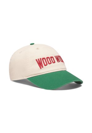 Kremasti bejzbol kapa s zelenim obodom i gumbom, izvezena crvenim tekstom "WOOD WOOD" na prednjoj ploči.