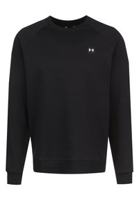 Schwarzes Langarm-Crewneck-Sweatshirt mit kleinem weißen Under Armour-Logo auf der oberen linken Brust.