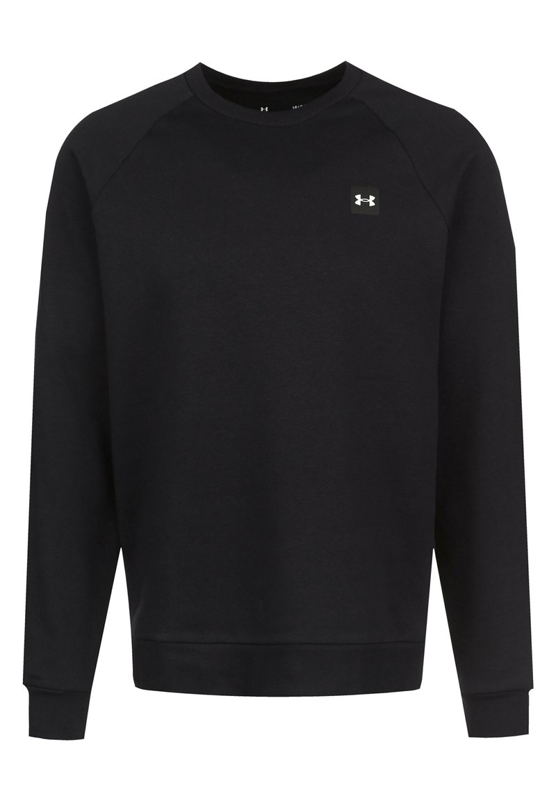 Schwarzes Langarm-Crewneck-Sweatshirt mit kleinem weißen Under Armour-Logo auf der oberen linken Brust.