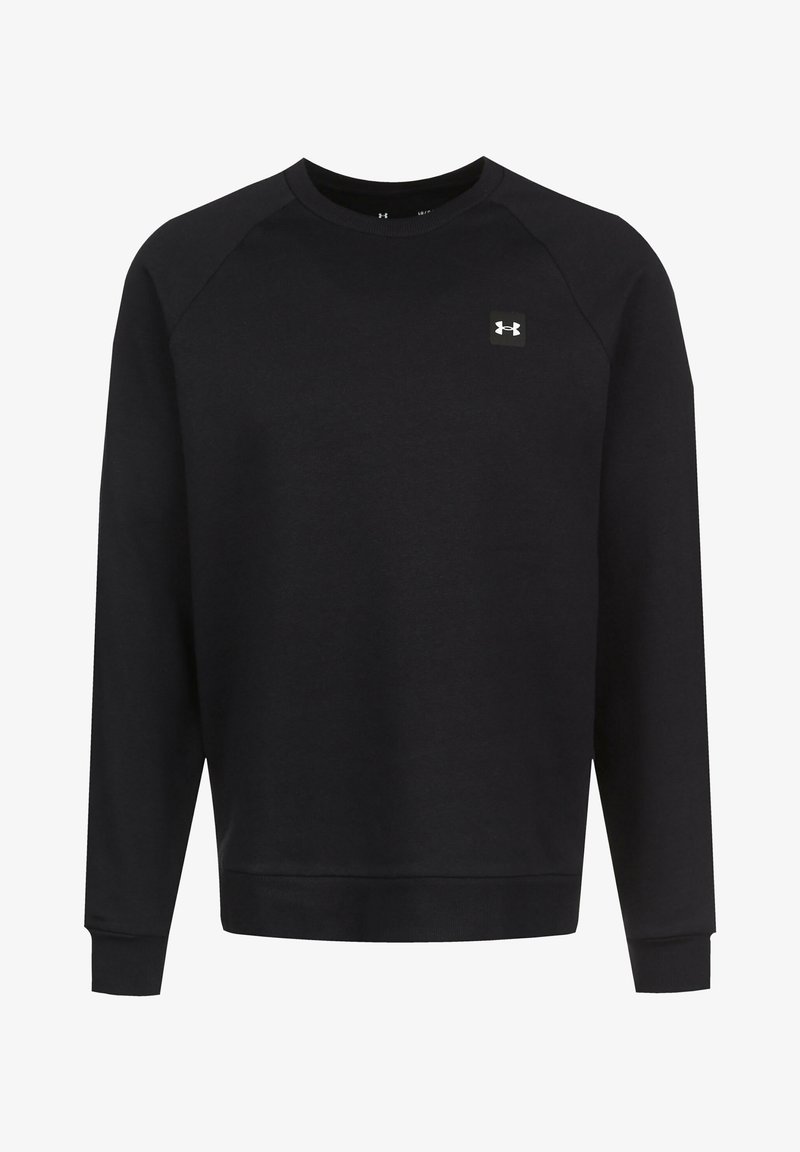 Schwarzes Langarm-Crewneck-Sweatshirt mit kleinem weißen Under Armour-Logo auf der oberen linken Brust.