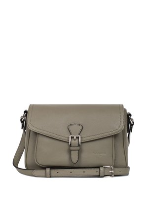 Olive green leather crossbody bag with a flap closure, adjustable strap, and metallic buckle detail. Smooth texture and structured shape.