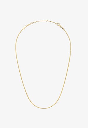 Arany színű fémlánc nyaklánc sima, lapos dizájnnal. Finom csavart textúrával rendelkezik és egy erős kapoccsal biztosítja a biztonságos rögzítést.