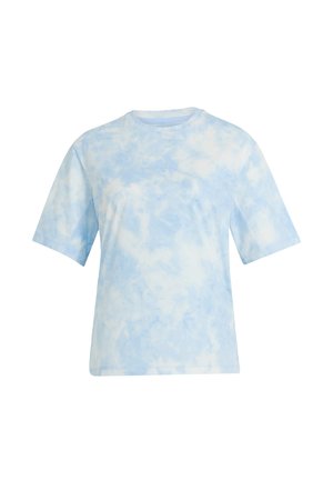 Hellblau-weißes Batik-T-Shirt mit kurzen Ärmeln und einem dezenten, geprägten Adidas-Logo auf der Brust.