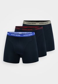 Three black men's boxer briefs with elastic waistbands in blue, red, and beige, each branded with "BJÖRN BORG" text.