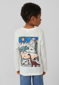 Langärmliges, weißes Baumwoll-T-Shirt mit einem bunten Dinosaurier-Graphic, einer Berglandschaft und dem Text "WILD LAWS VALLEY" auf der Rückseite.