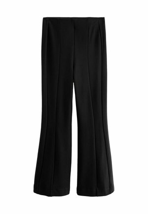 Zwarte wijde broek met plooien, gemaakt van gladde stof. Beschikt over een hoge taille en een effen ontwerp zonder patronen of accenten.