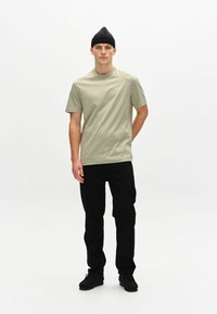 Tricou cu mânecă scurtă, de culoare verde măsliniu deschis, cu guler rotund, purtat cu pantaloni negri și pantofi negri. Întreaga ținută are un design minimalist.