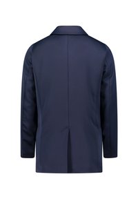 Marineblaue, langärmelige Jacke aus glattem Stoff. Verfügt über einen klassischen Kragen, einen zentralen Rückenschlitz und eine taillierte Form. Keine sichtbaren Beschläge.